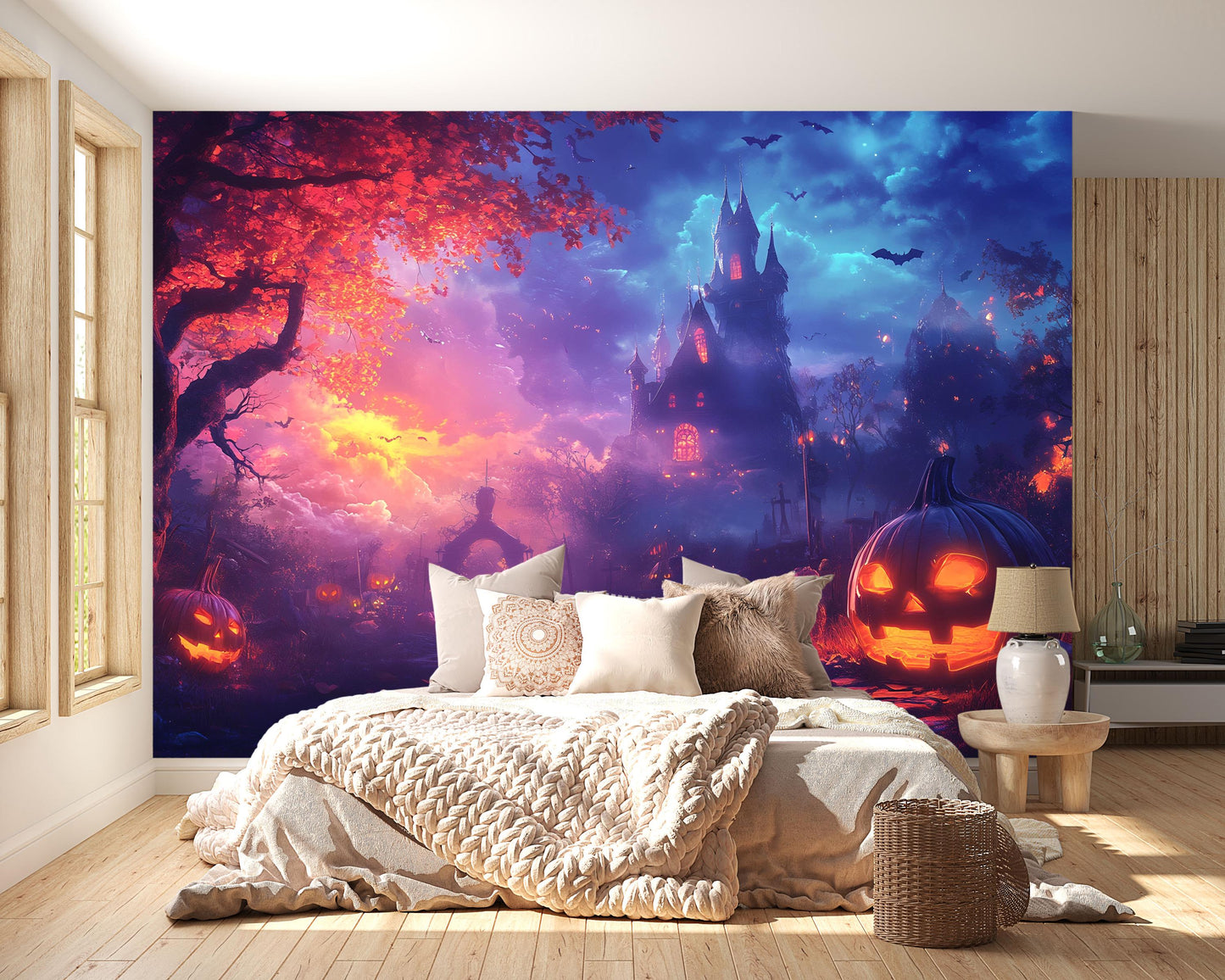 Colorful Halloween Castle Wall Mural – Spooky Kids Room Décor Vn800