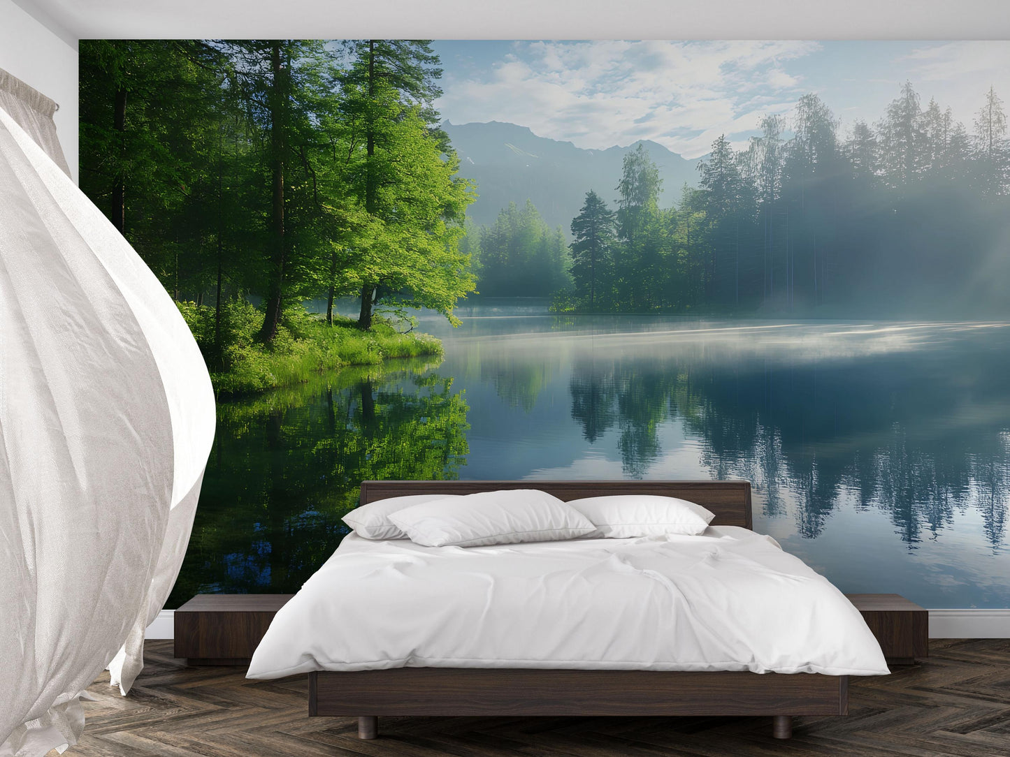 Lake Forest Wall Mural – Nature Scenic Wallpaper, Serene Mountain Lake Wall Art, Forest Bedroom Decor Vn687