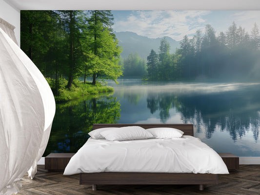 Lake Forest Wall Mural – Nature Scenic Wallpaper, Serene Mountain Lake Wall Art, Forest Bedroom Decor Vn687