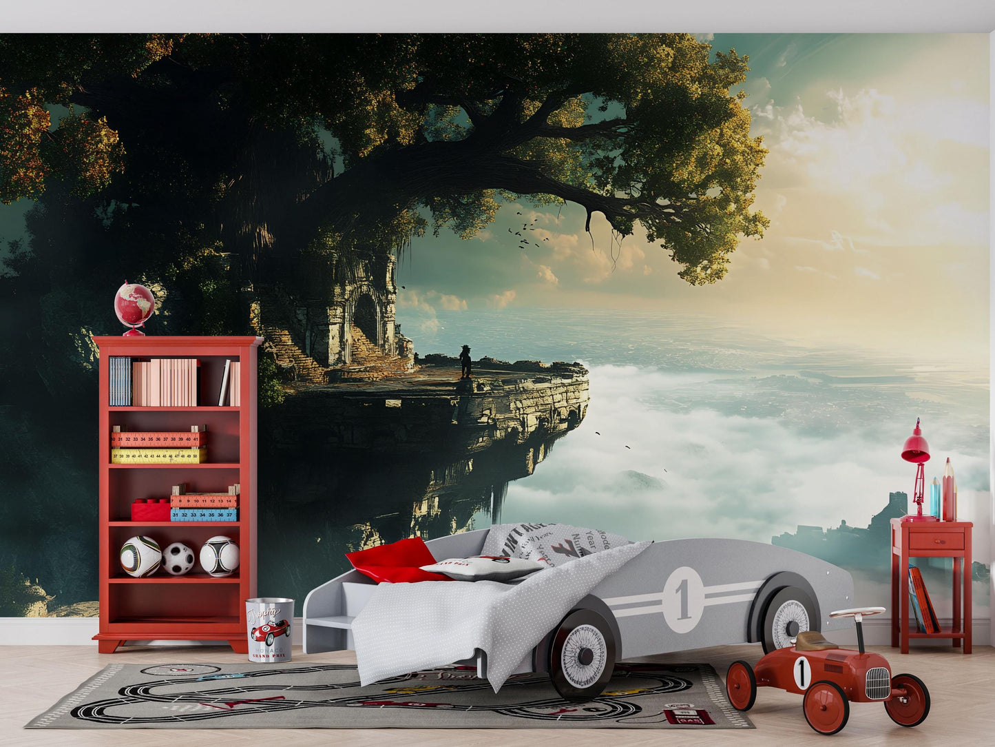 Fantasy Cliff Ruins Wall Mural – Enchanted Tree Landscape Wallpaper, Adventure Kids Room Decor Vn868