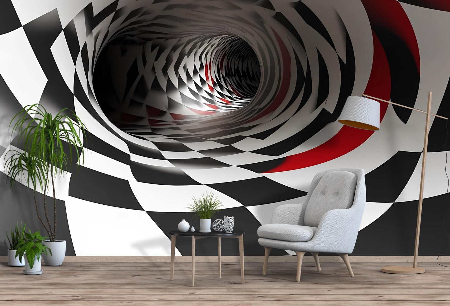 3D Tunnel Wall Mural – Black Red Optical Illusion Wallpaper Vn906