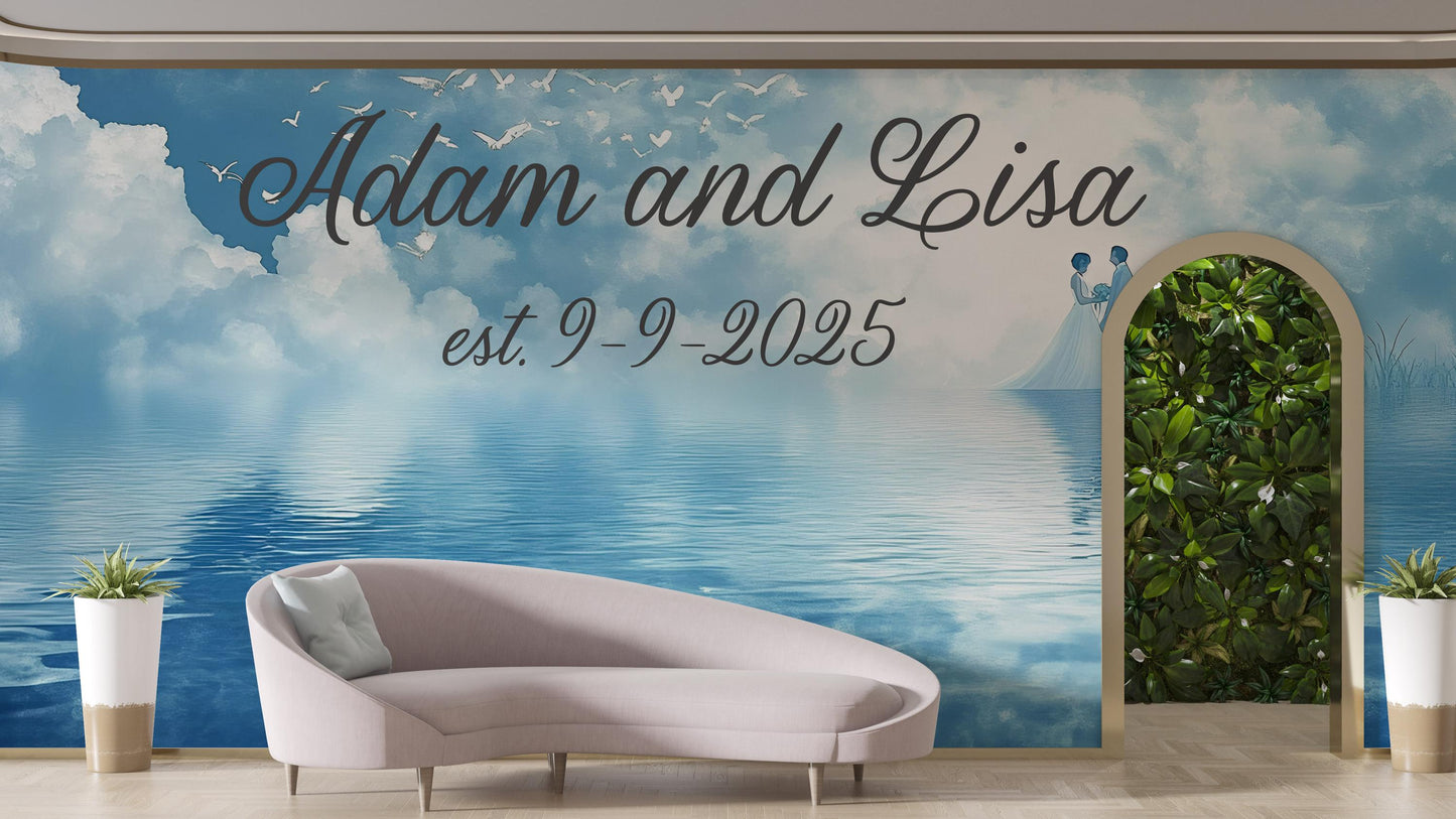 Custom Romantic Wall Mural - Personalized Couple Names & Date - Wedding Anniversary Gift - Est. Date Wall Art - Water Couple Scene Vn514