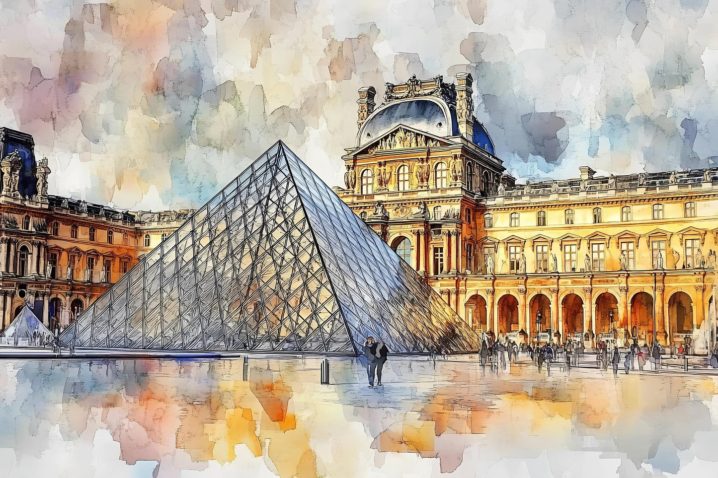 Louvre Pyramid Wall Mural – Paris Watercolor Museum Wallpaper Vn935