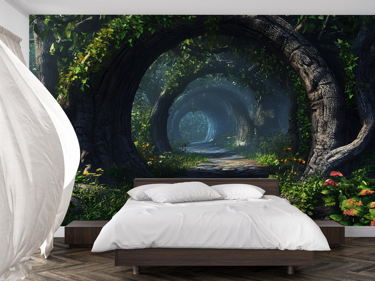 Enchanted Forest Wall Mural for Bedroom – Mystical Tree Tunnel Nature Wallpaper Vn580