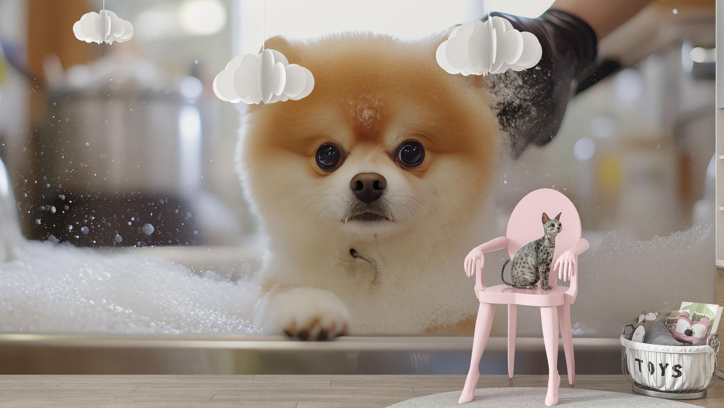 Cute Pomeranian Dog Art Print | Whimsical Pet Bathroom Decor | Surreal Animal Wall Art for Dog Lovers Vn671