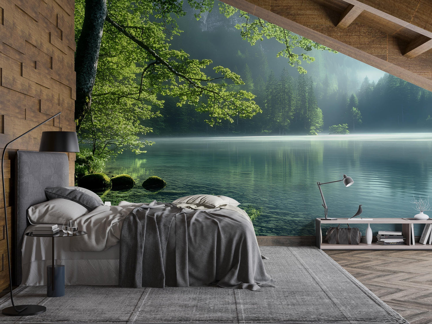 Forest Lake Wall Mural – Serene Nature Bedroom Wallpaper, Tranquil Green Landscape Decor, Removable Large Wall Art Vn479