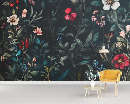 Dark Floral Wall Mural – Moody Botanical Wallpaper – Vintage Flower Accent Wall for Living Room or Bedroom Vn183