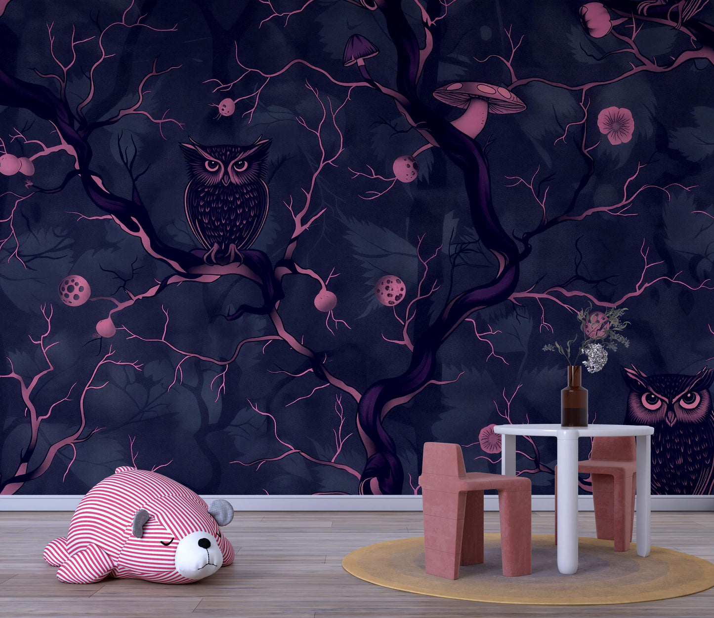Dark Owl Forest Wallpaper – Enchanted Woodland Wall Mural Vn1096