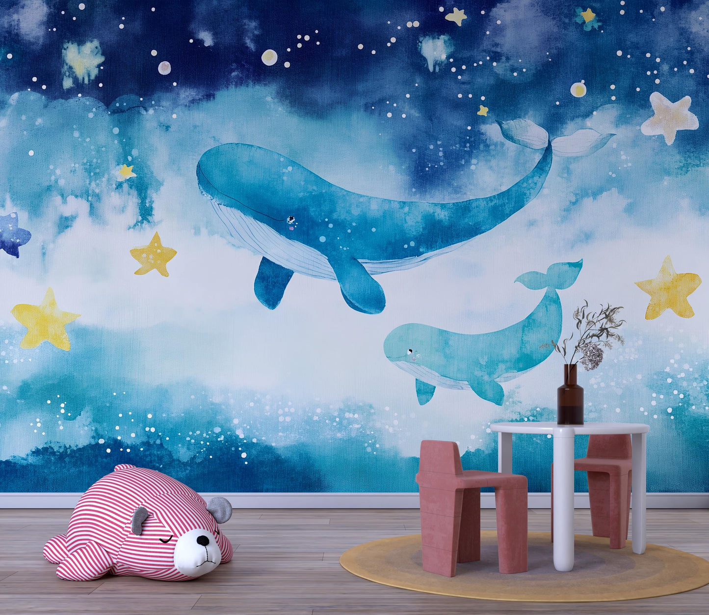 Whale Nursery Wall Mural – Ocean Baby Room Wallpaper – Underwater Sea Wall Art for Kids Room – Blue Whale Decor for Toddler Nursery Vn561