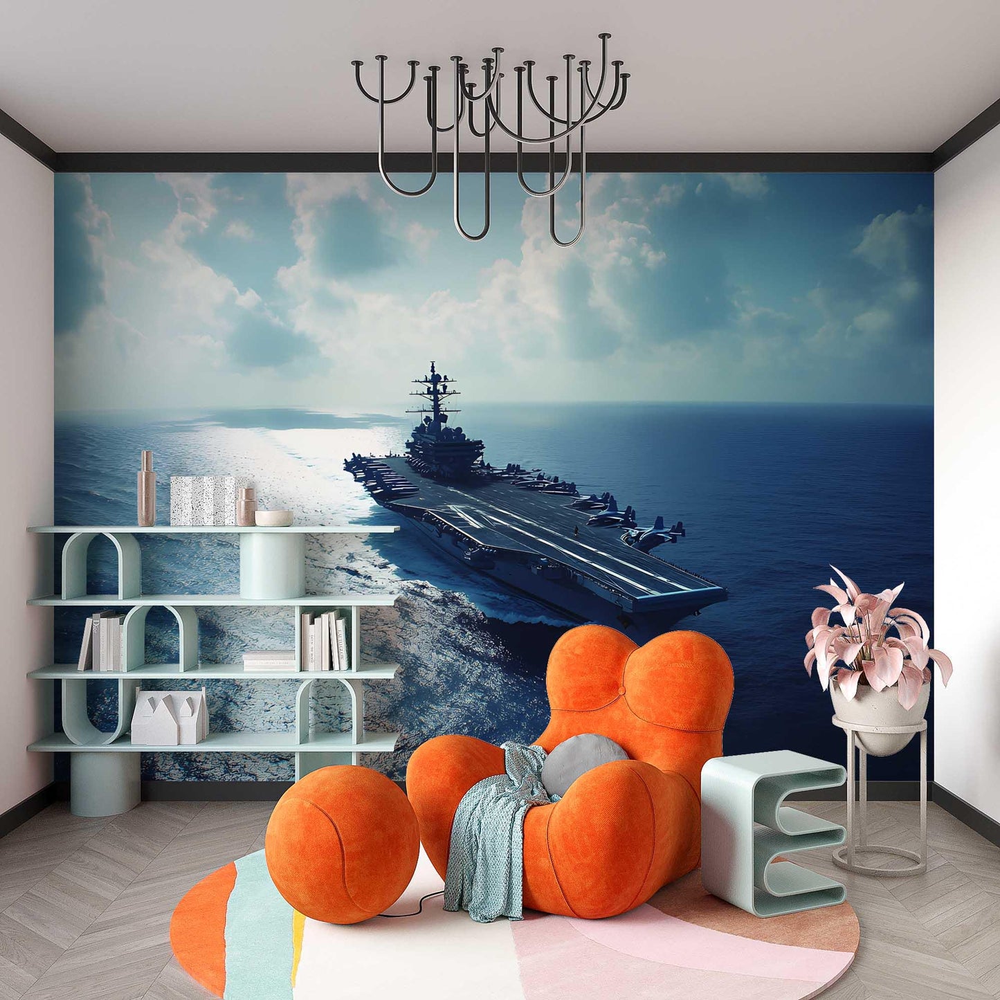 Navy Aircraft Carrier Wall Mural | Modern Military Ocean Theme Wallpaper for Boys Room or Office | Custom Ocean View Wall Art Vn450