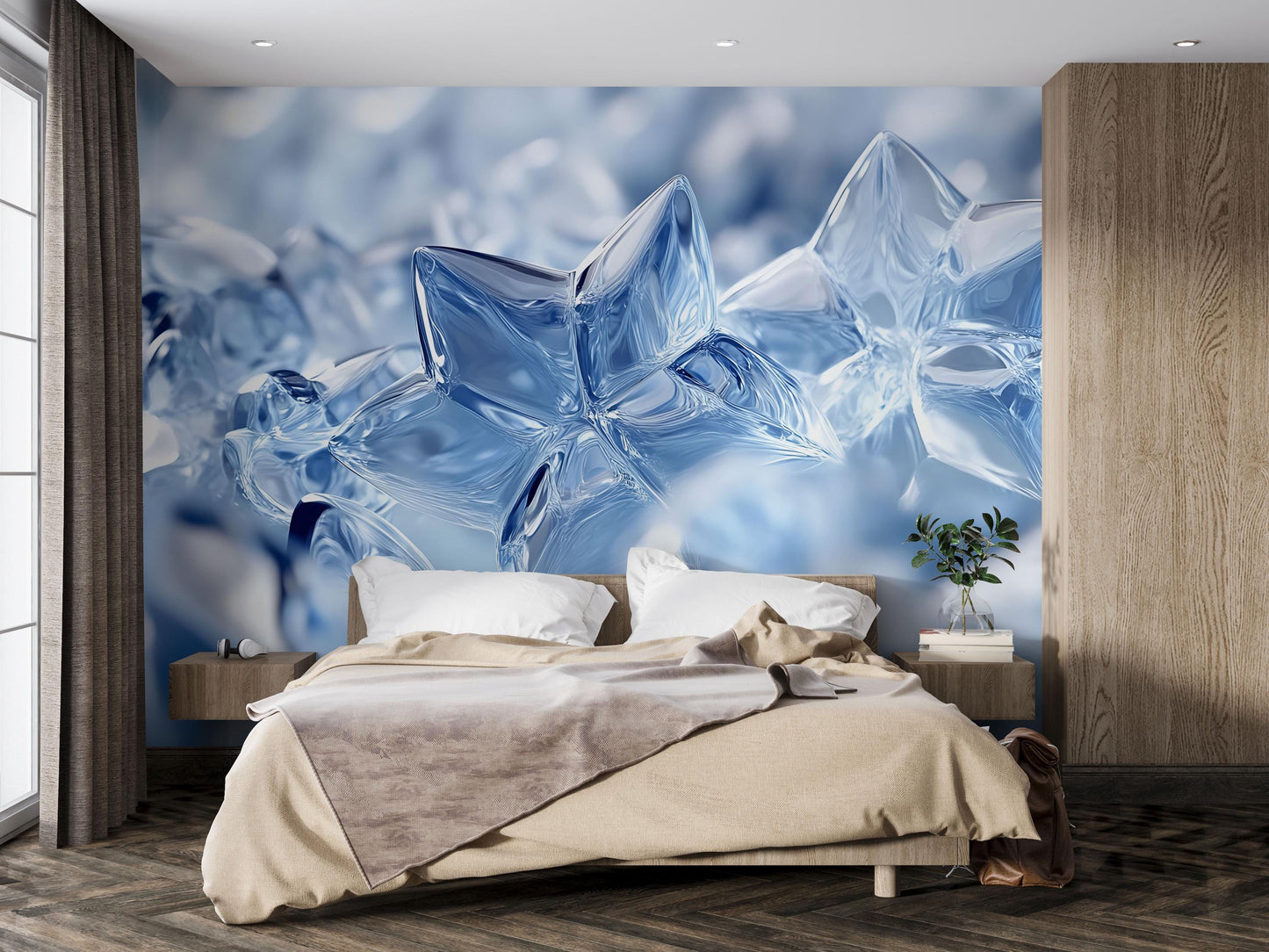 Blue Crystal Ice Snowflake Wall Mural – Winter Themed Accent Wall Art – Modern Bedroom Wallpaper – Frosty Nature Scene Décor Vn725
