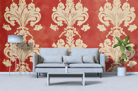 Modern Vintage Damask Wallpaper Mural – Elegant Red & Cream Wall Art for Living Room or Accent Wall Decor Vn638