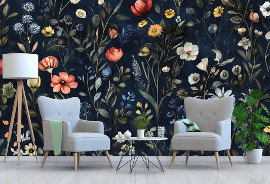 Dark Floral Botanical Wallpaper – Vintage Garden Mural for Living Room, Removable Peel and Stick Wall Art Vn184