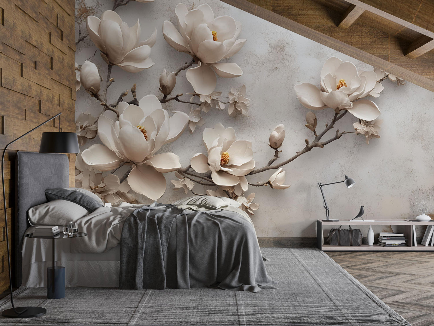 Beige Magnolia Flower Mural – 3D Effect Botanical Wall Art for Bedroom or Living Room Vn768