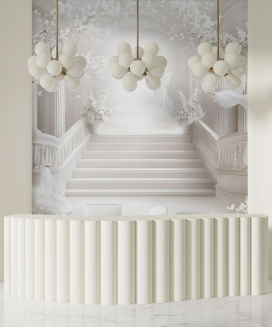 Luxury 3D Wedding Stage Backdrop | Elegant White Floral Stairs Mural | Event Decor with Doves | Romantic Ceremony Wall Art Vn504