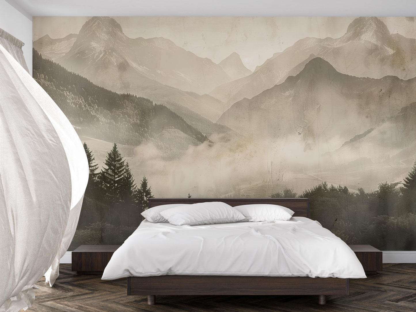 Sepia Mountain Wall Mural – Foggy Forest Landscape Wallpaper for Bedroom Vn1008