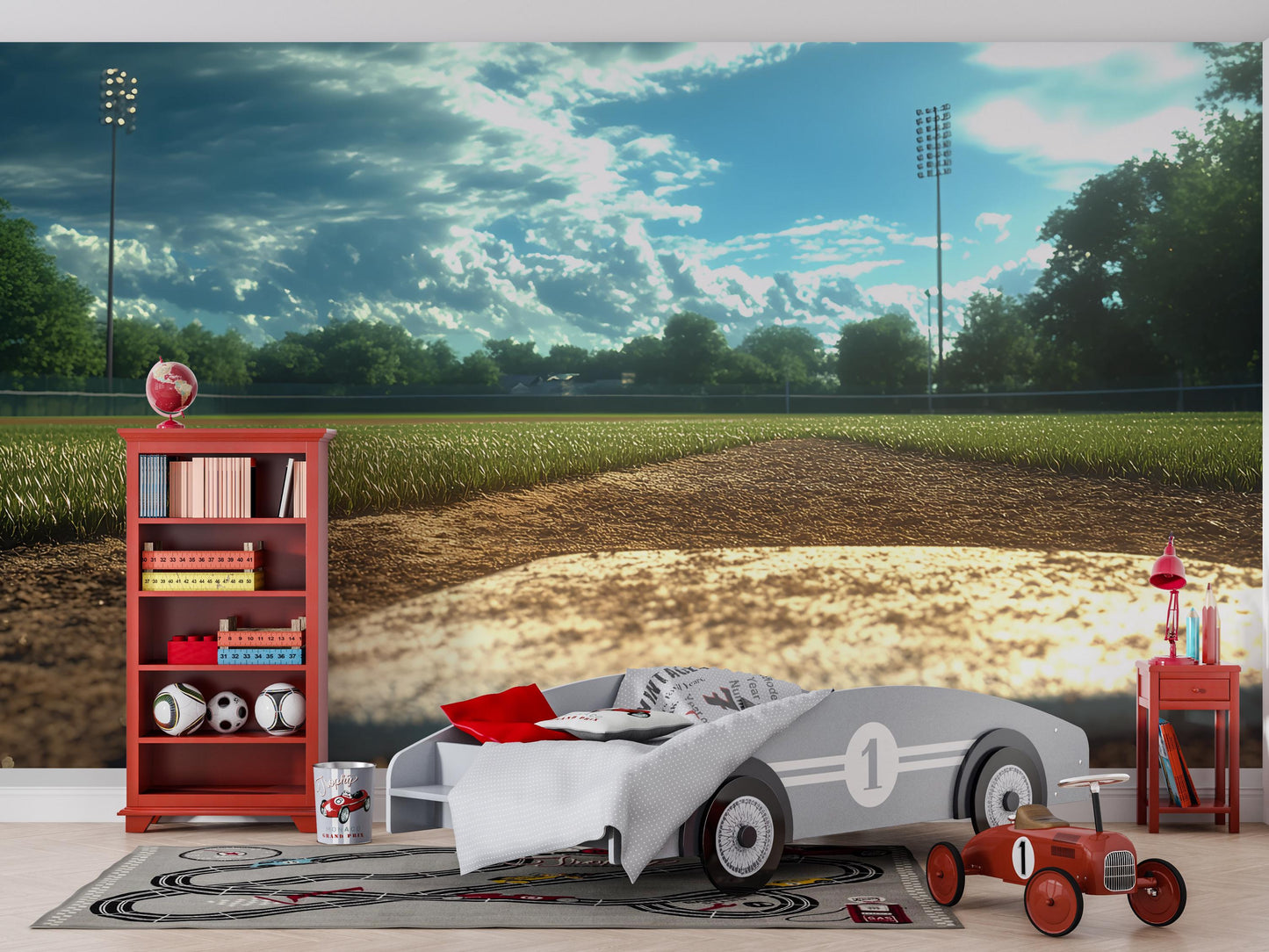 Baseball Field Wall Mural – Sports Themed Wallpaper for Boys Room or Man Cave – Stadium Sunset Large Wall Art Decor Vn525