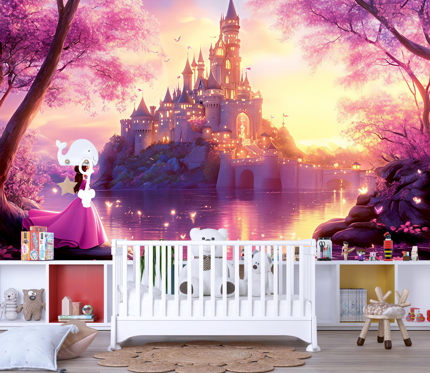 Fairy Tale Castle Wall Mural for Nursery | Princess Theme Kids Room Decor | Magical Baby Girl Room Wallpaper | Dreamy Pink Castle Art Vn365