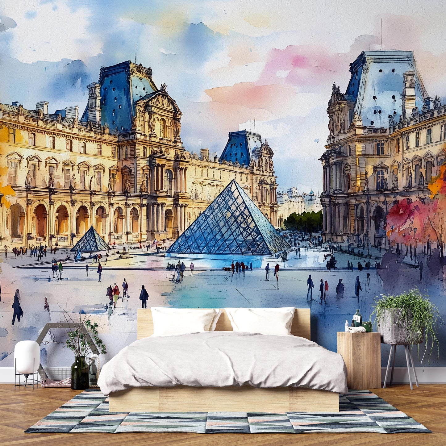 Louvre Paris Watercolor Wall Mural – Pyramid & Museum Wallpaper Vn934