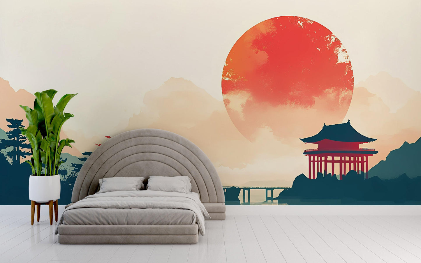 Japanese Sunset Wall Mural – Serene Oriental Landscape, Pagoda Art, Minimalist Zen Decor for Bedroom or Living Room Vn497