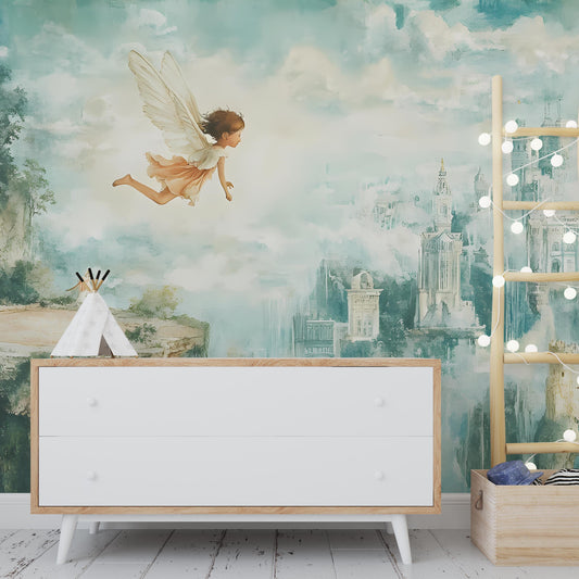 Whimsical Fairy Wall Mural for Kids Room – Flying Fairy & Fantasy Castle Wallpaper Vn100