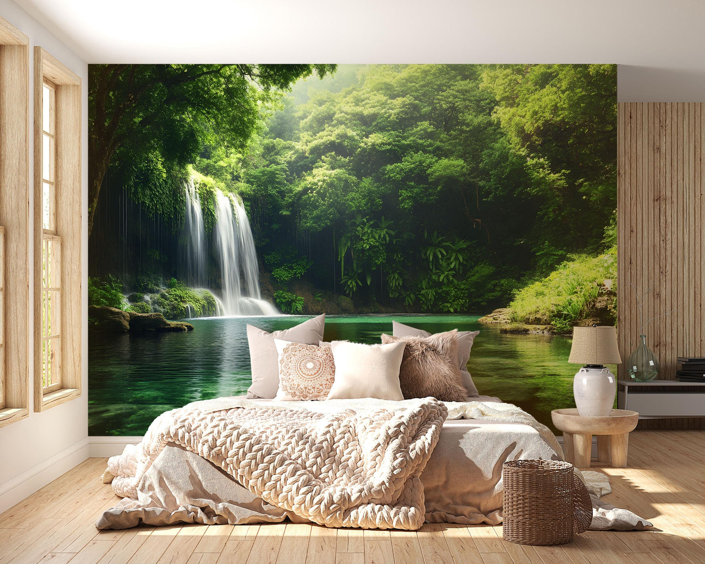 Waterfall Forest Wall Mural | Tranquil Nature Scene for Bedroom Decor | Lush Jungle Wall Art | Scenic Green Landscape Wallpaper Vn690