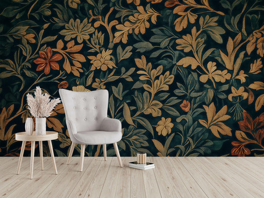Dark Floral Tapestry Wall Mural – Vintage Botanical Wallpaper, Boho Botanical Accent Wall Decor for Living Room or Bedroom Vn841