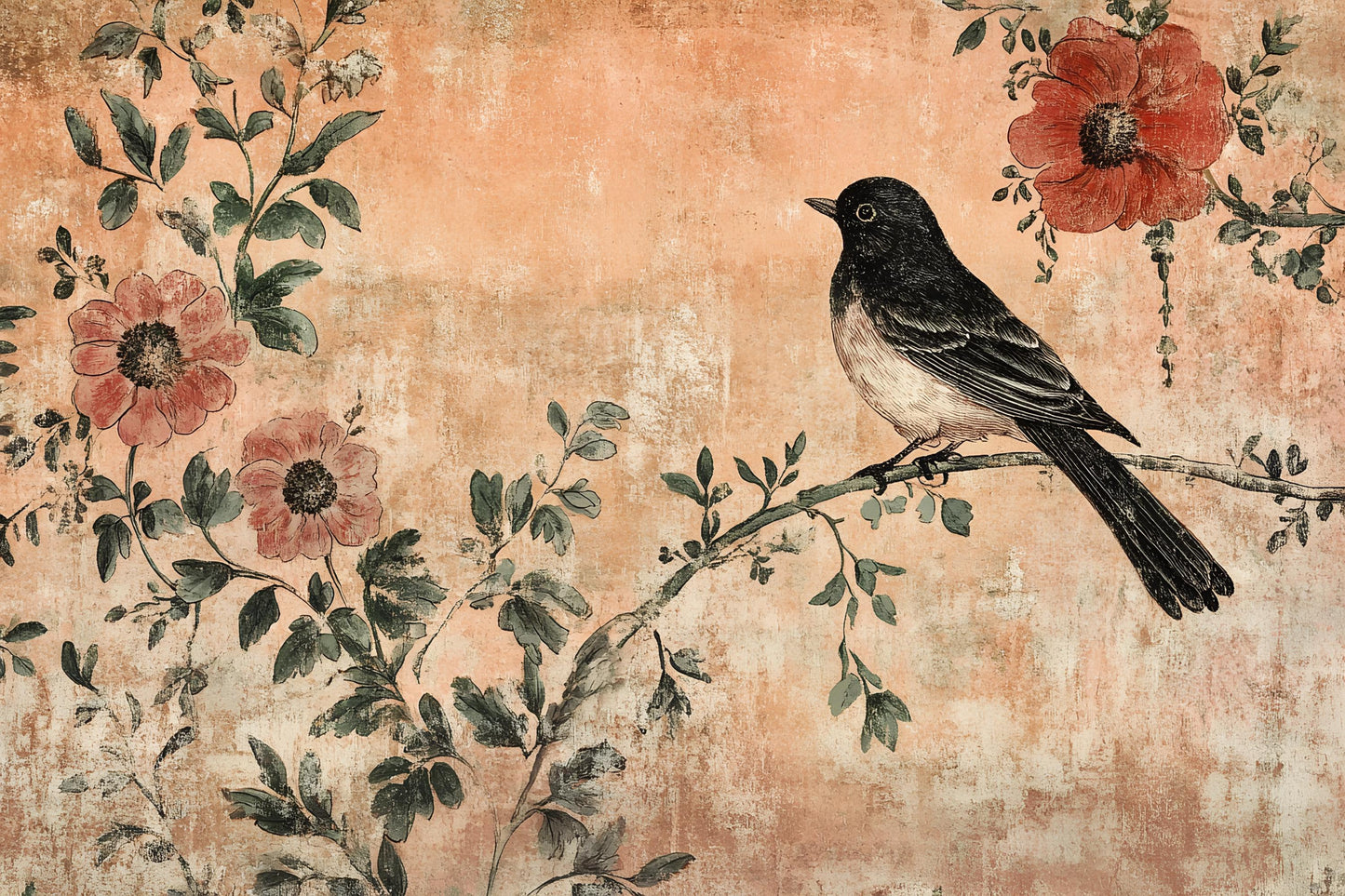 Rustic Bird Mural – Vintage Floral Wallpaper Botanical Wall Art Vn1001
