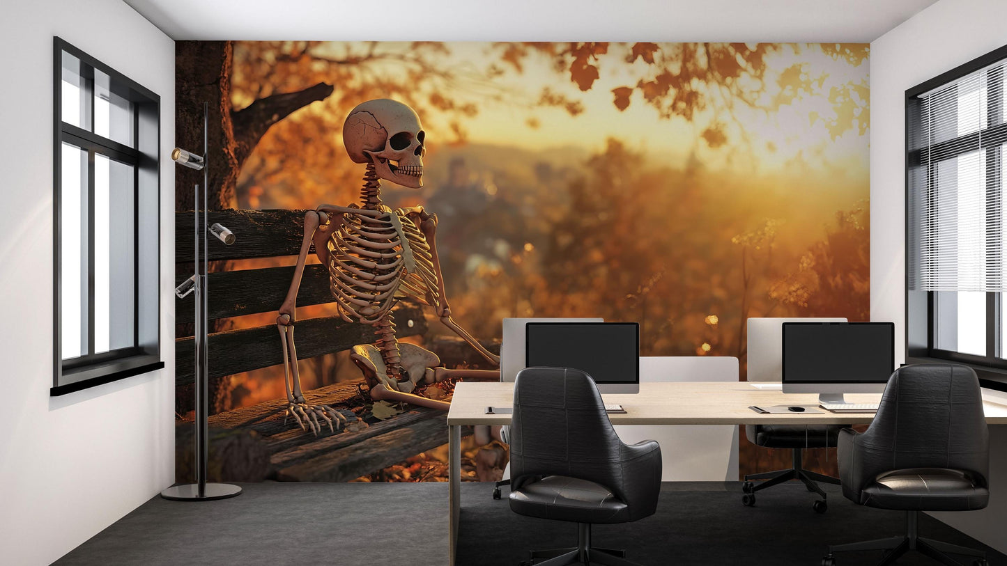 Autumn Skeleton Bedroom Wall Mural – Cozy Fall & Halloween Décor Vn799