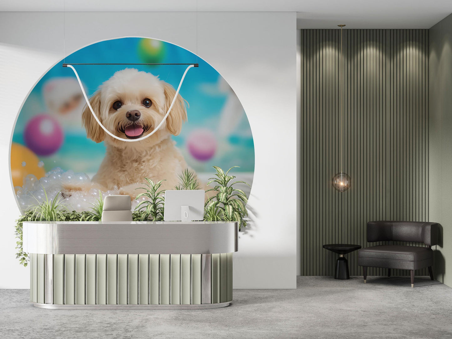 Cute Dog Bubble Bath Wall Mural – Whimsical Pet-Themed Wallpaper for Kids Room or Pet Salon Decor Vn670