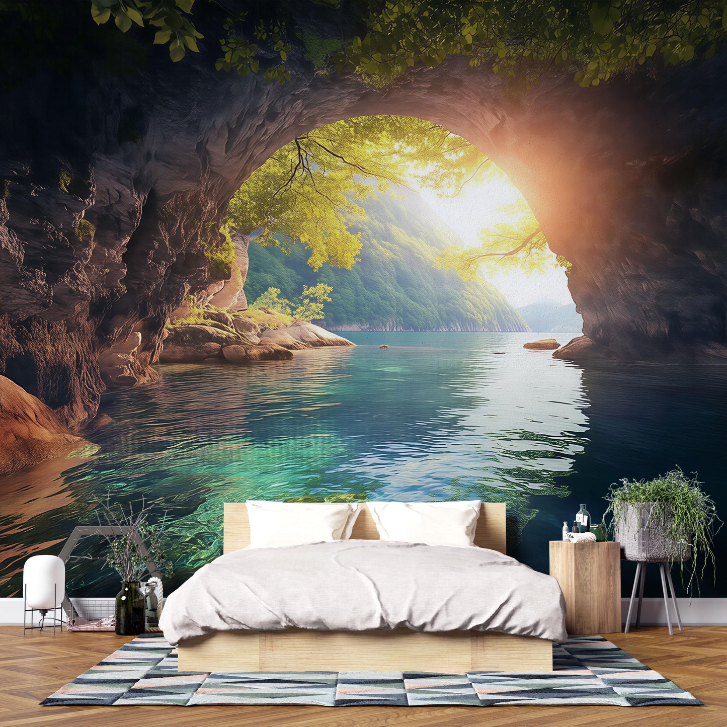 Sunlit Cave Wall Mural – Nature Landscape Wallpaper for Bedroom Decor Vn872