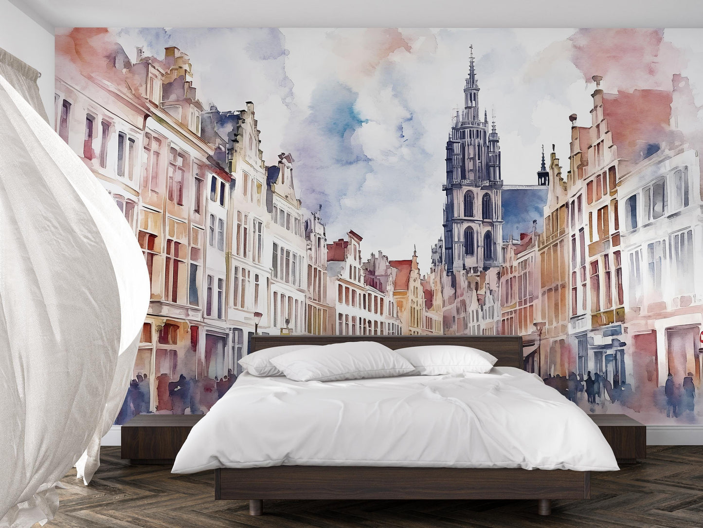 Antwerp Belgium Wall Mural – Cathedral & Historic Street Watercolor Wallpaper Vn940