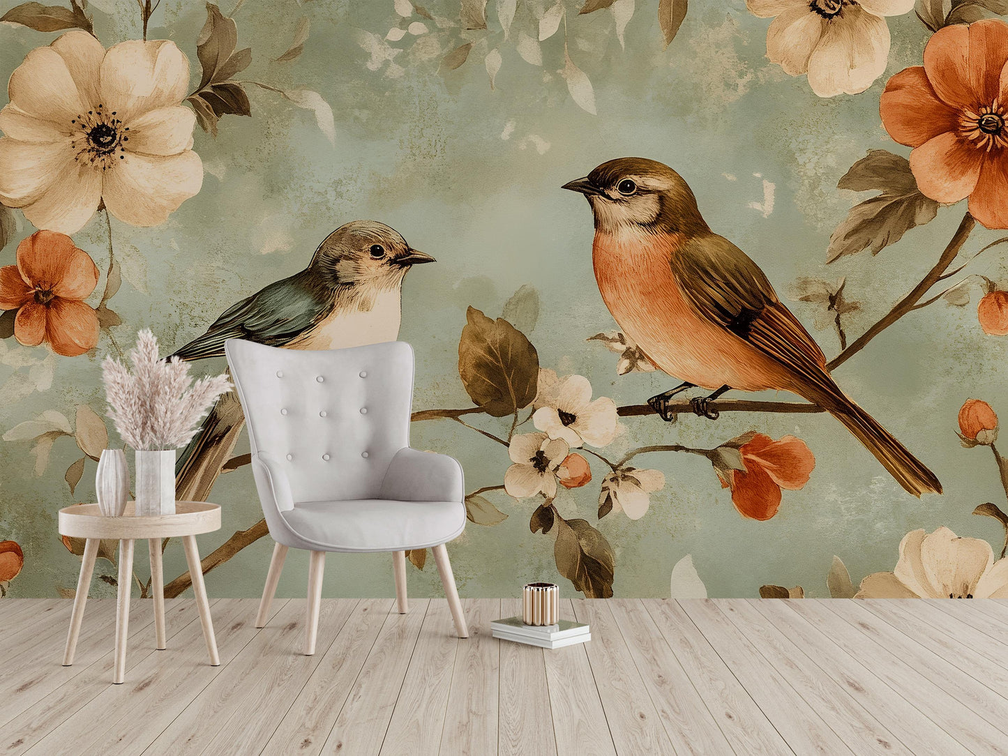 Vintage Birds Mural – Floral Botanical Wallpaper Wall Art Vn1002