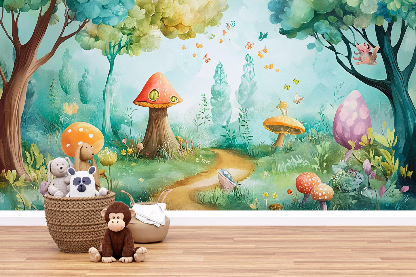 Whimsical Forest Wall Mural for Kids Room – Magical Mushroom & Animal Wallpaper Vn617