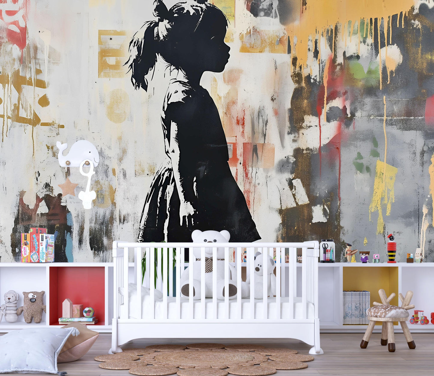 Modern Graffiti Wall Art of Girl Silhouette – Urban Street Art Canvas Mural for Kids Room, Playroom, or Nursery Vn736