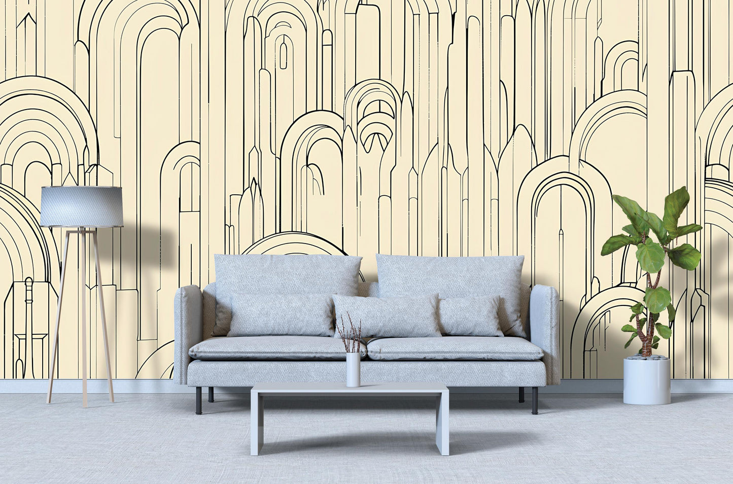 Beige Arch Line Wallpaper – Modern Geometric Wall Mural Vn1095