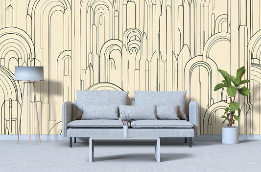 Beige Arch Line Wallpaper – Modern Geometric Wall Mural Vn1095