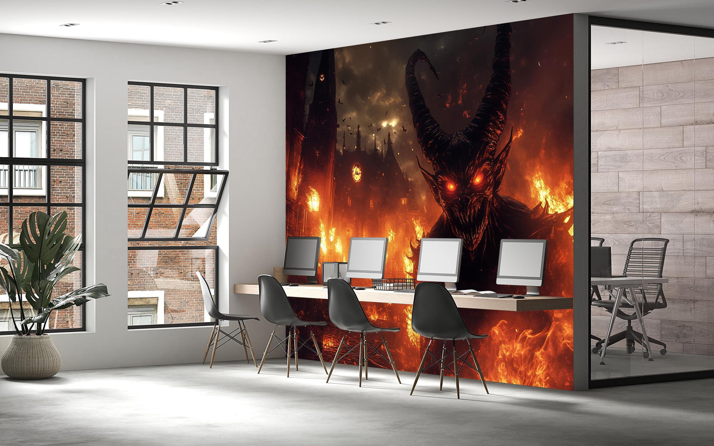 Demonic Wall Mural – Fiery Hell Scene with Red-Eyed Monster Vn808