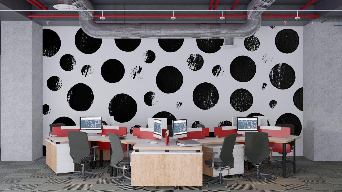 Black Dot Wall Mural – Modern Distressed Polka Dot Wallpaper, Bold Geometric Accent Wall for Office or Living Room Vn851