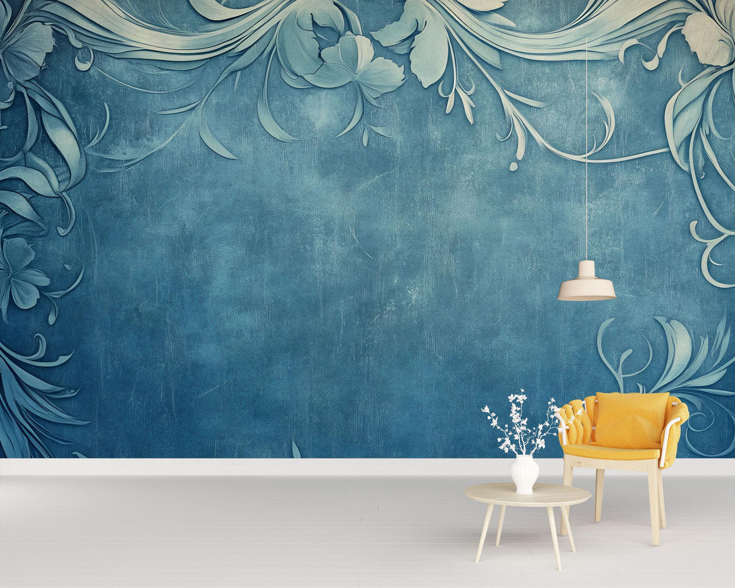 Teal Floral Scroll Wall Mural – Elegant Botanical Pattern Wallpaper for Living Room or Office Vn771