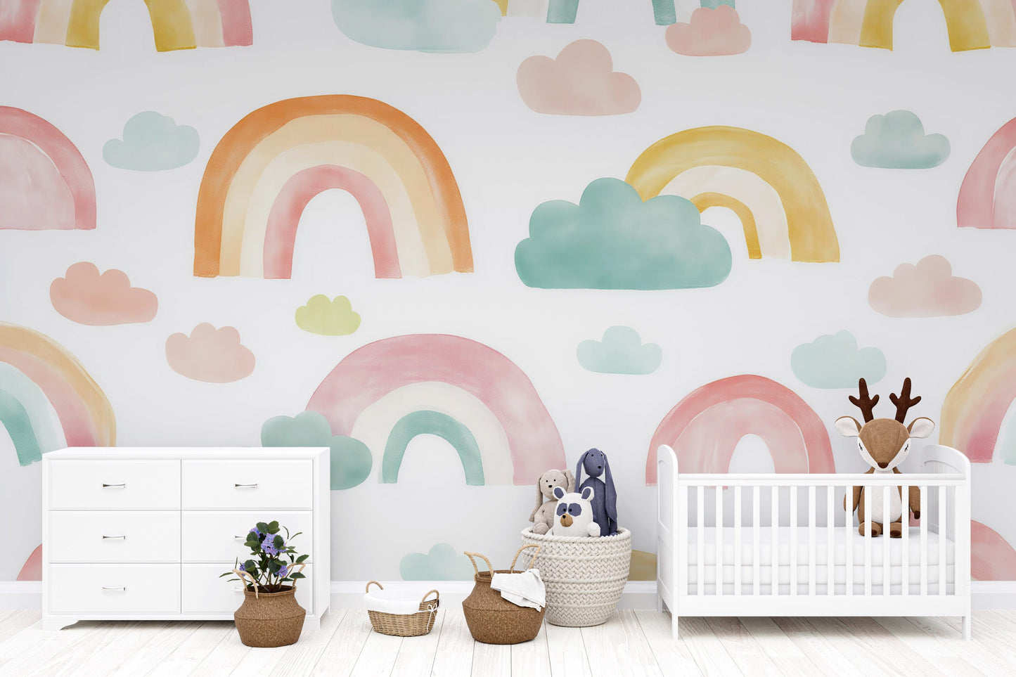 Rainbow Wall Mural – Watercolor Clouds & Rainbow Wallpaper Kids Room Vn978