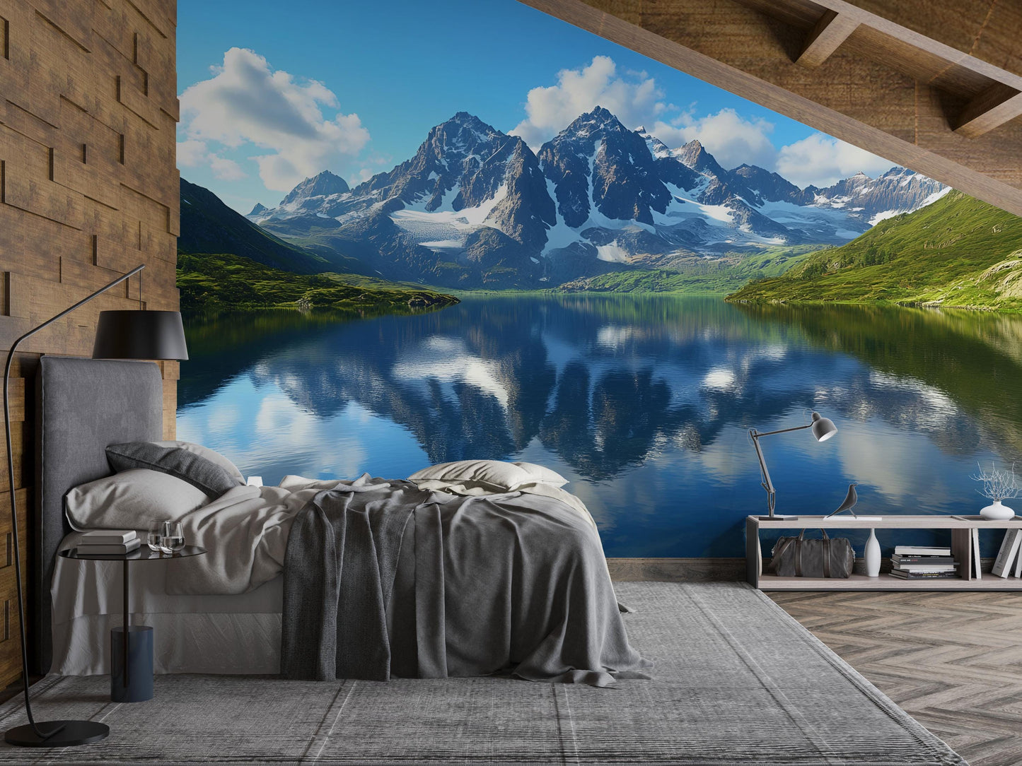 Mountain Lake Wall Mural – Scenic Nature Wallpaper for Bedroom Decor Vn699