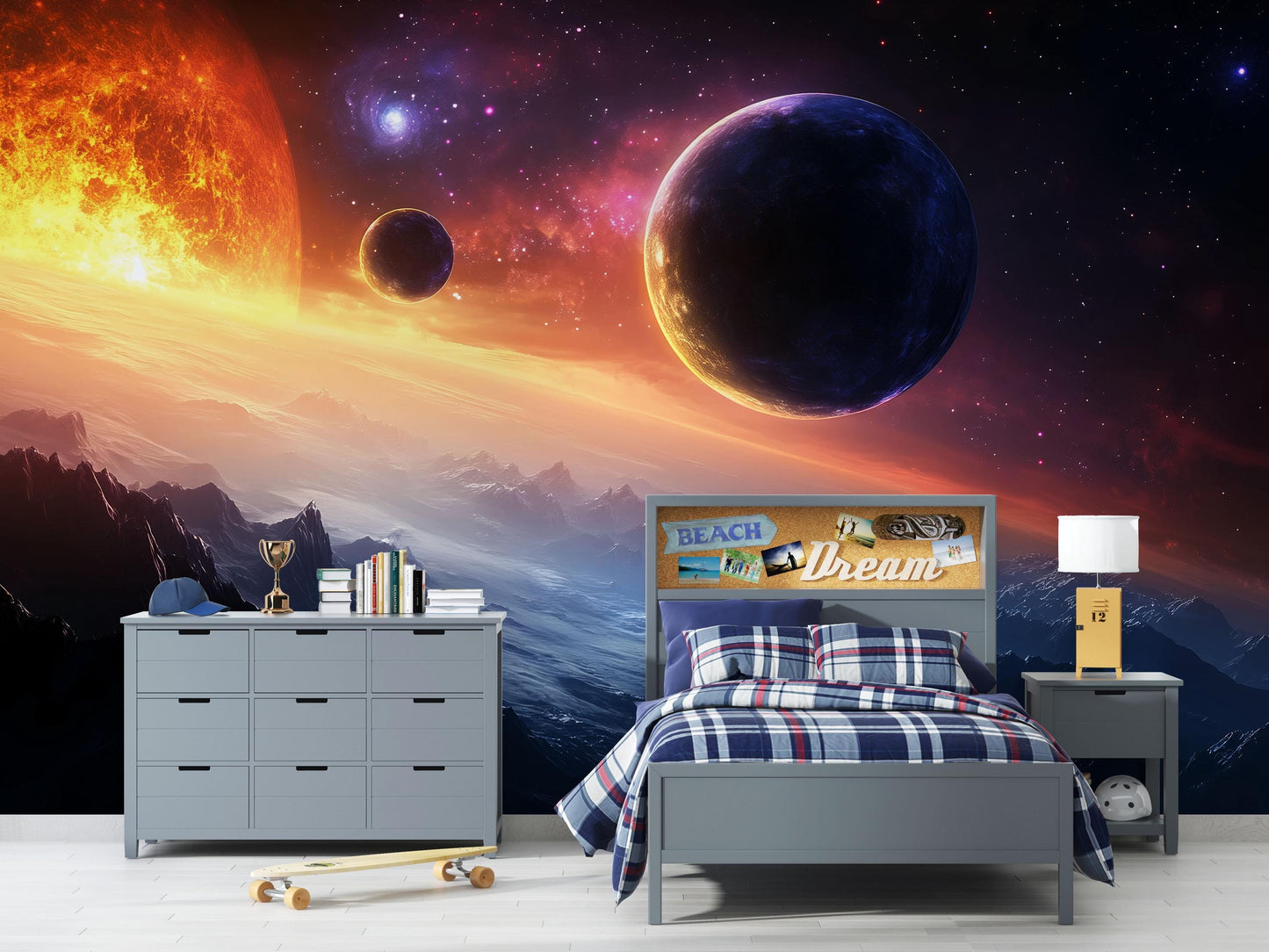 Sunset Planets Wall Mural – Outer Space Galaxy Wallpaper for Bedroom & Living Room Vn874