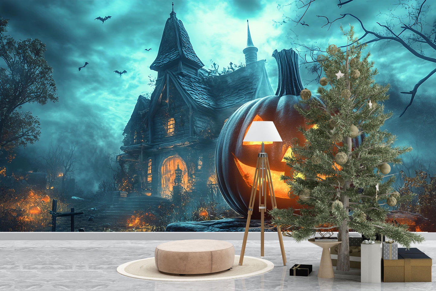 Halloween Haunted House Wall Mural – Spooky Jack-o’-Lantern Wallpaper for Party or Home Decor  Vn786
