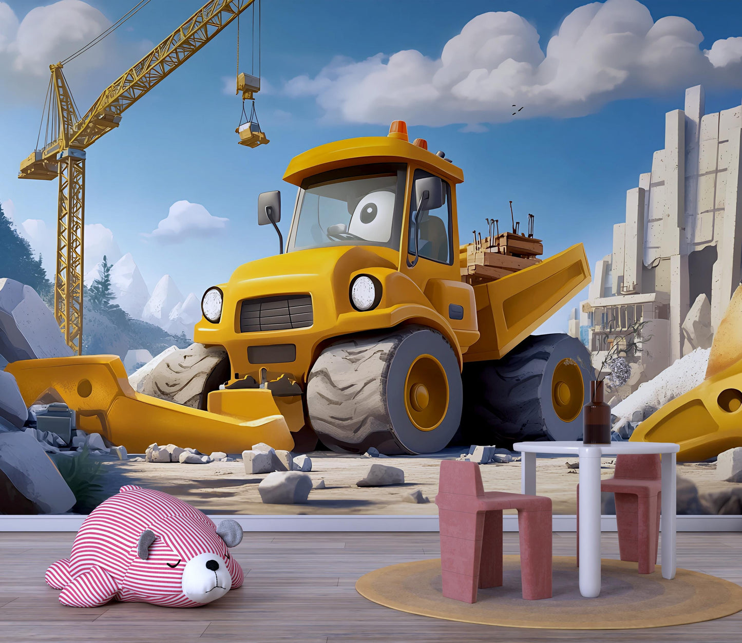 Cartoon Construction Vehicle Wall Mural – Kids Room Decor with Bulldozer & Cranes Vn442