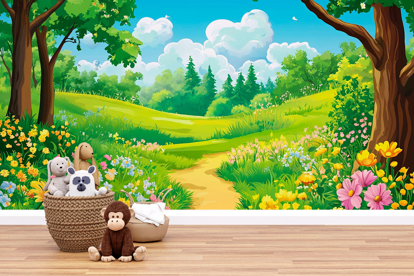 Whimsical Forest Meadow Wall Mural for Kids Room – Nature Cartoon Landscape Wallpaper for Nursery or Playroom Decor Vn618