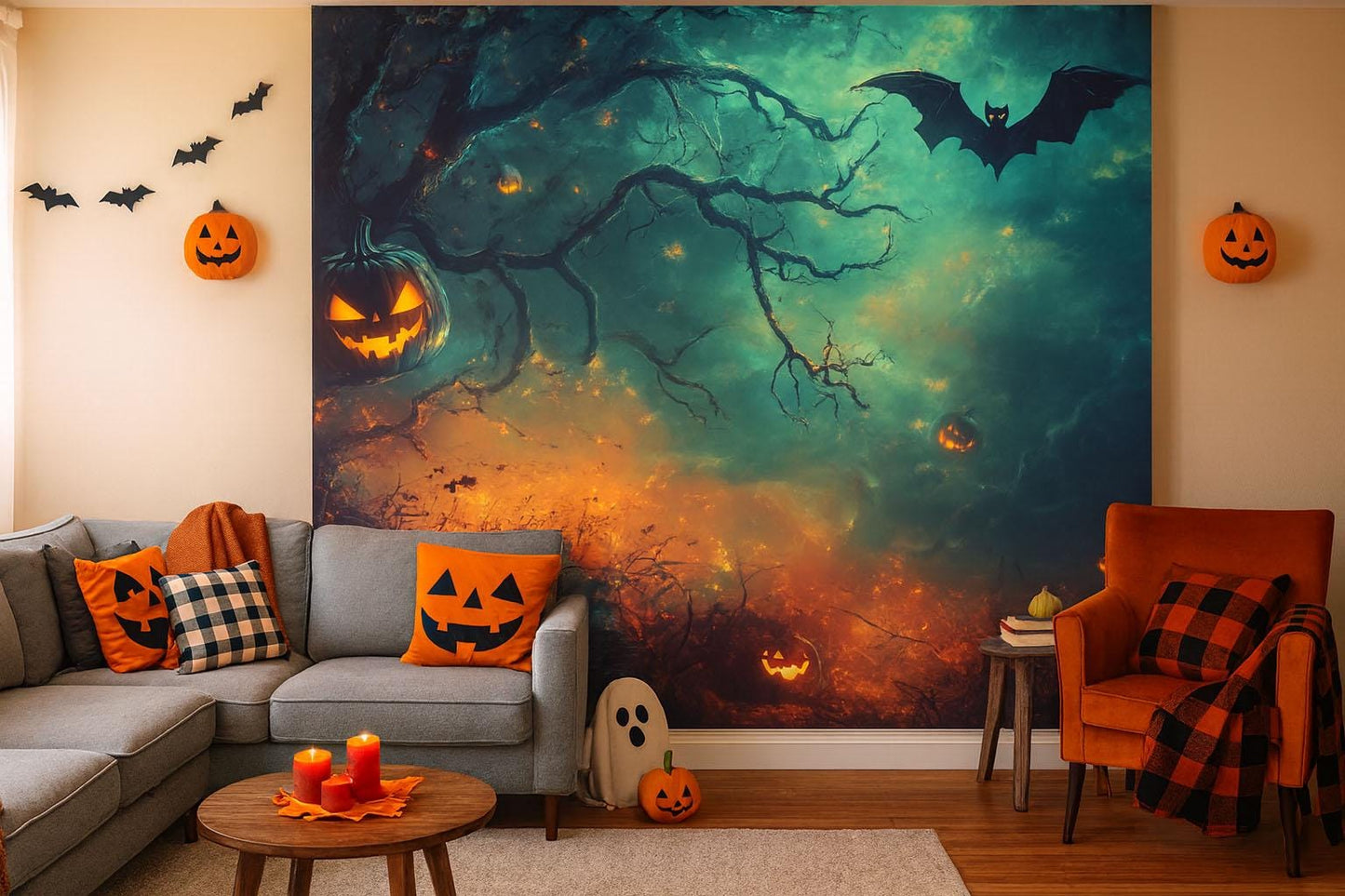 Spooky Jack O’Lantern & Bat Halloween Wall Mural – Haunted Tree Office Décor Vn815