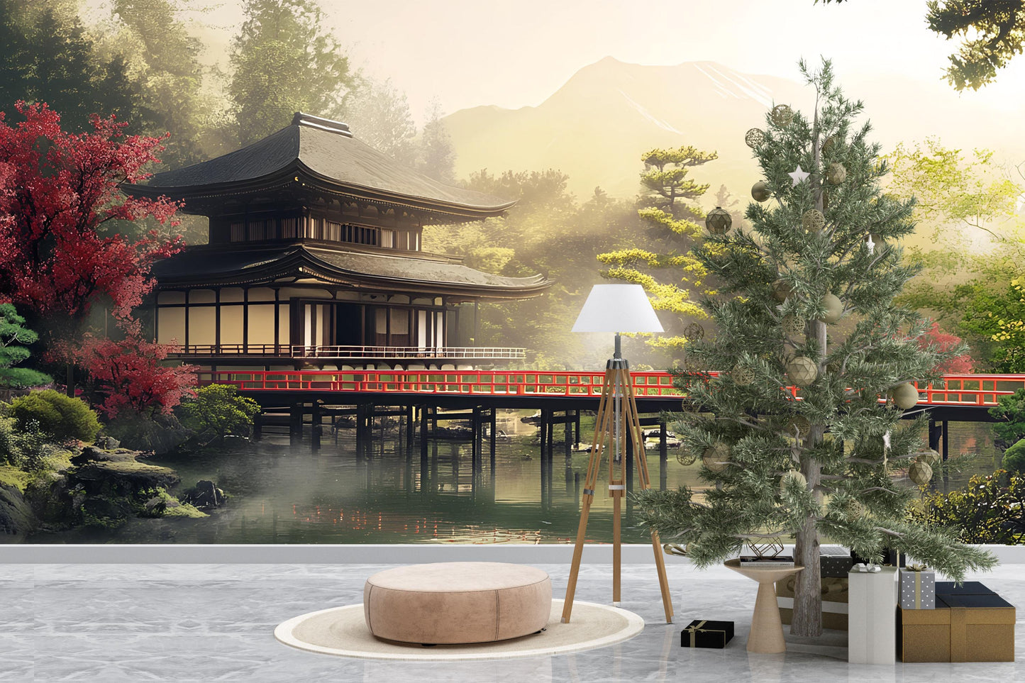 Japanese Temple Wall Mural – Tranquil Zen Garden Wallpaper for Living Room or Office Decor Vn498