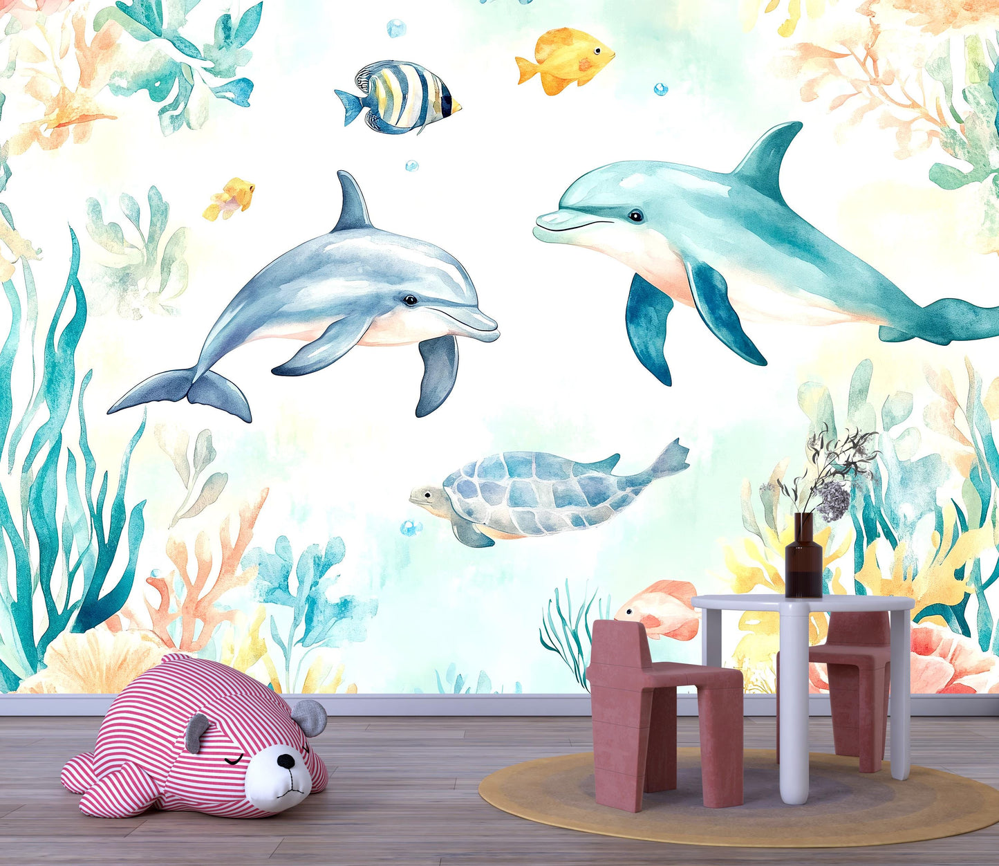 Dolphin Wall Mural – Underwater Ocean Nursery Wallpaper with Sea Turtle & Fish Vn988