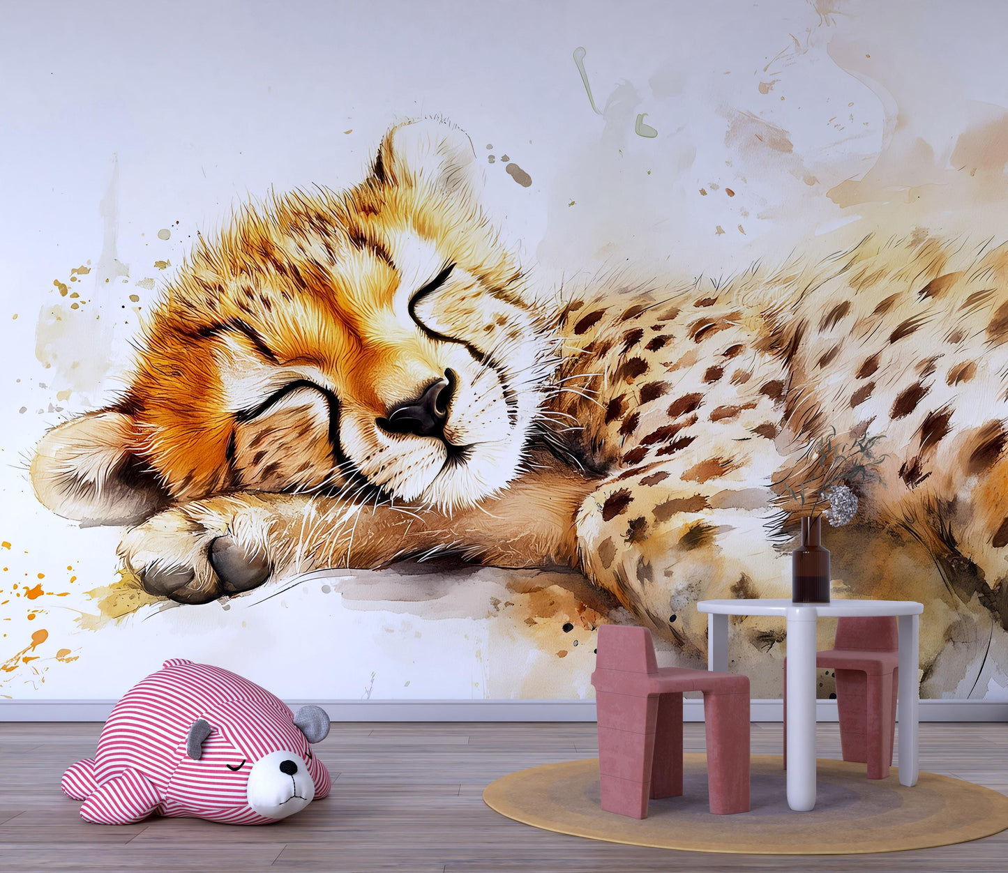 Sleeping Cheetah Cub Wall Mural for Kids Room | Jungle Safari Nursery Art | Wildlife Animal Wall Decor | Large Cheetah Wallpaper Vn535